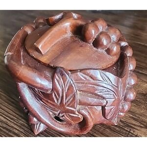 Vintage Trinket Hand Carved Wooden  Bowl Fruit Grapes  Leaves Dark Wood